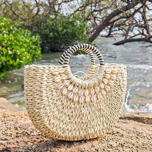 Neiman Marcus Summer Rattan Shell-Embellished Handbag - Picture 2 of 5